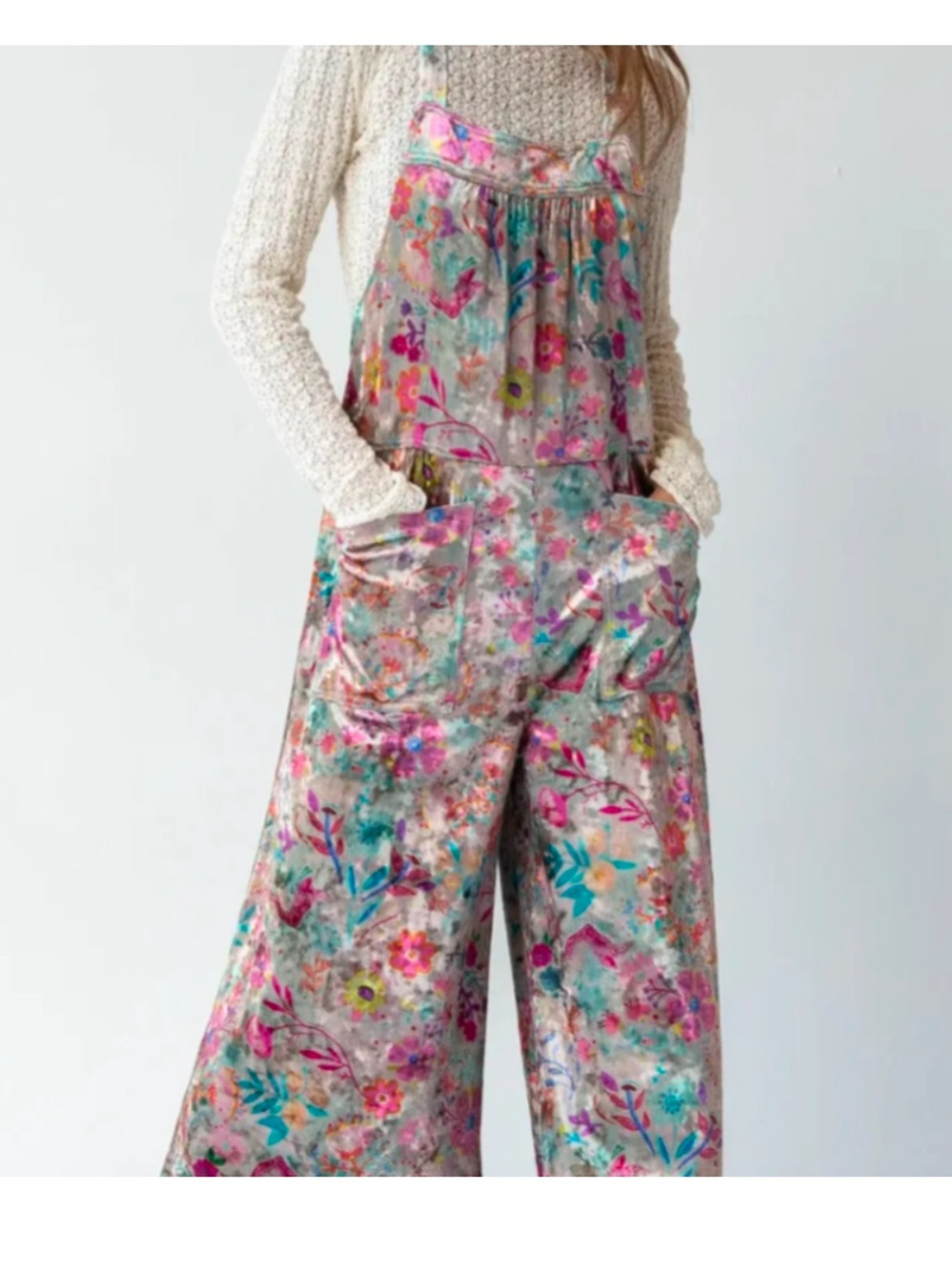 Natural Life Dakota Velvet Tie Overalls Jumpsuit Wide Leg Floral Multi Large